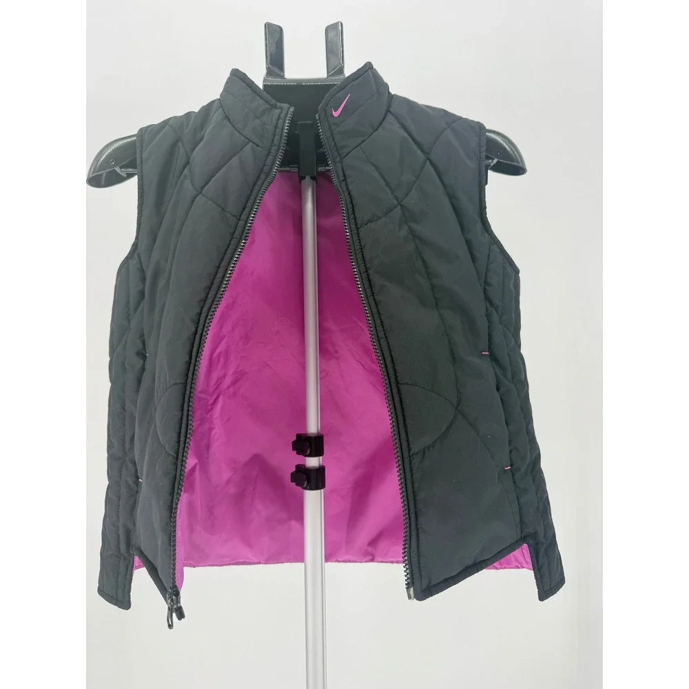 Nike Kids Quilted Puffer Vest Black Pink Logo Zip Up Sleeveless Jacket Size L - Picture 6 of 8